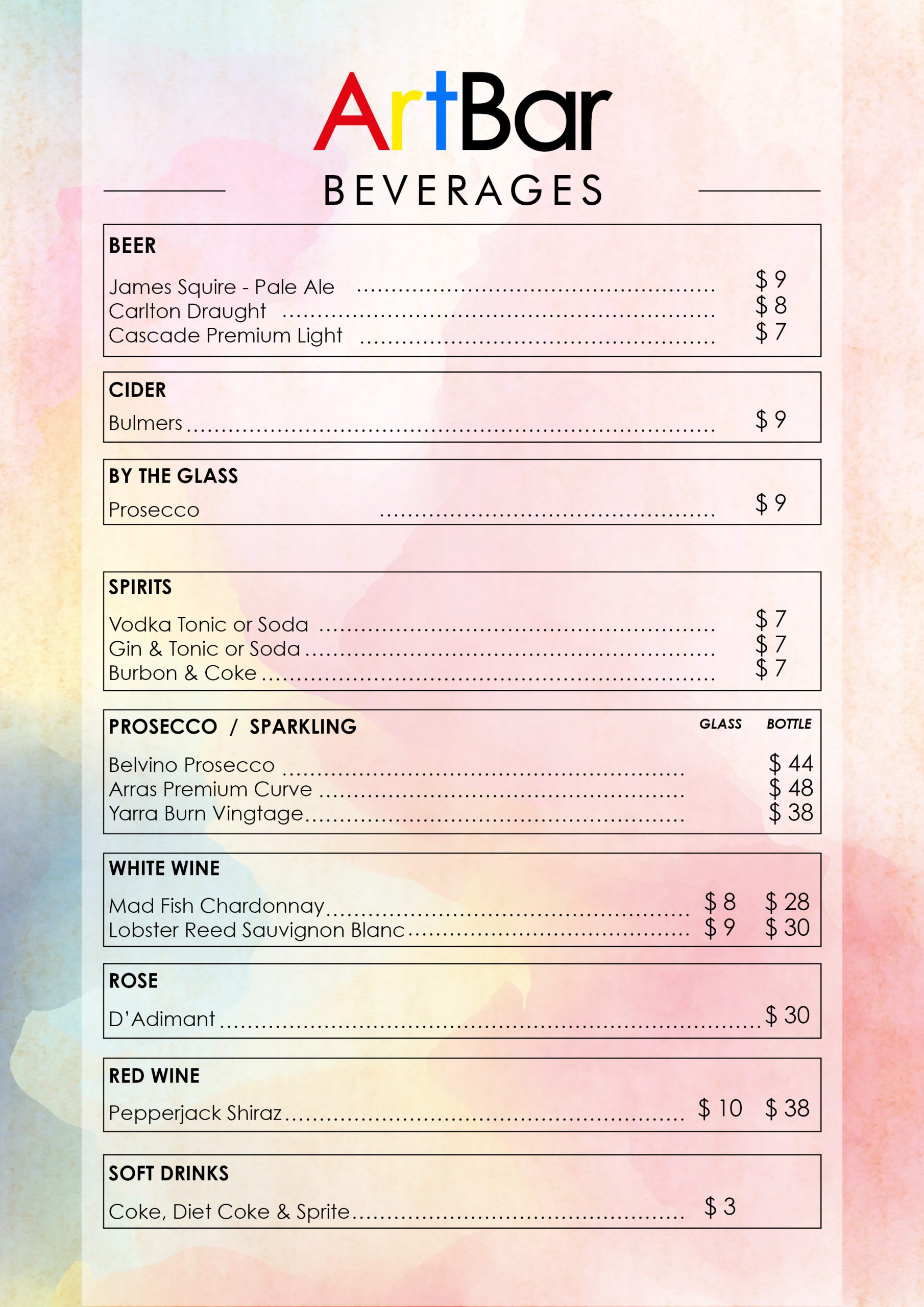 Bar Menu – Art Bar Melbourne